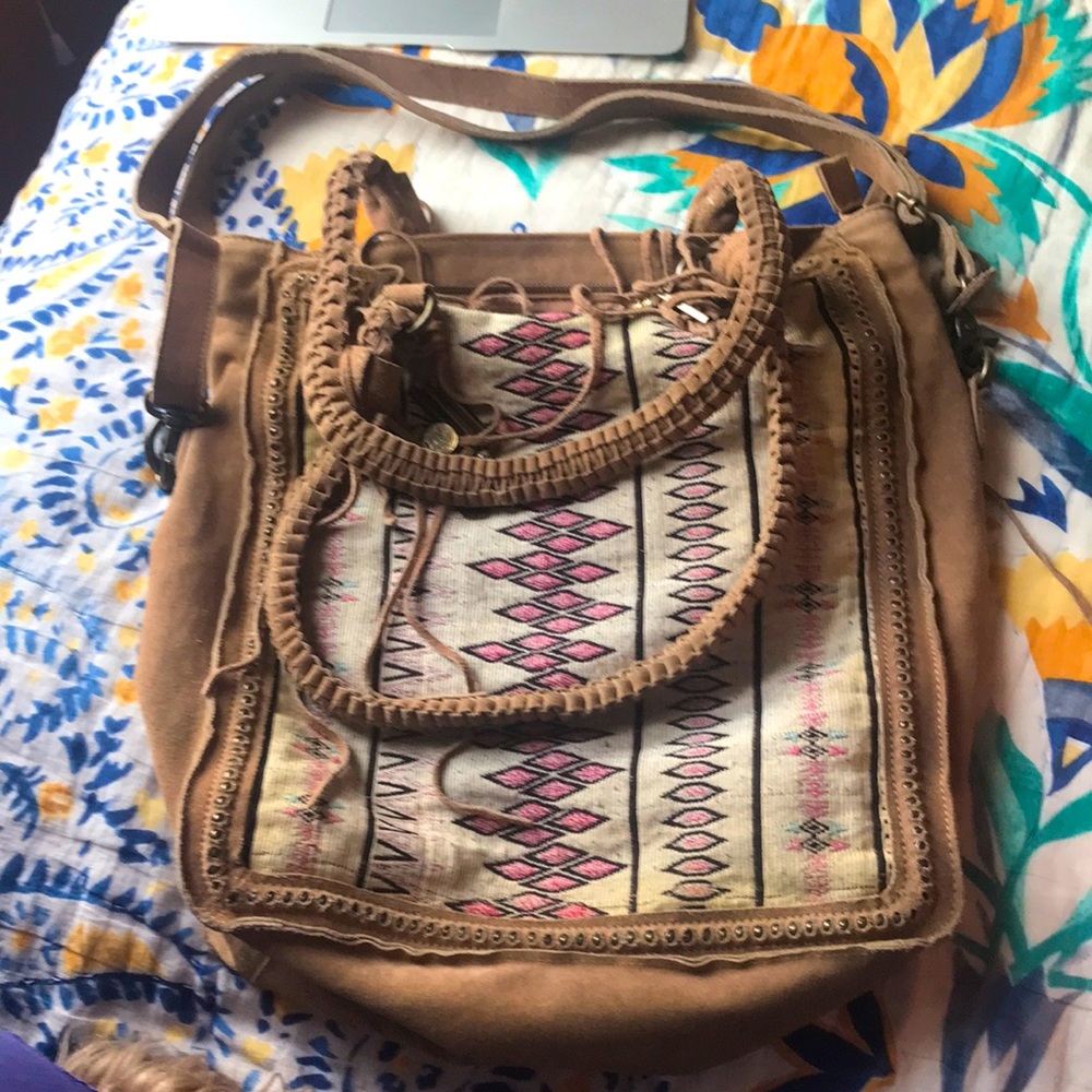 - GORGEOUS free people sling purse leather India tapestry fabric